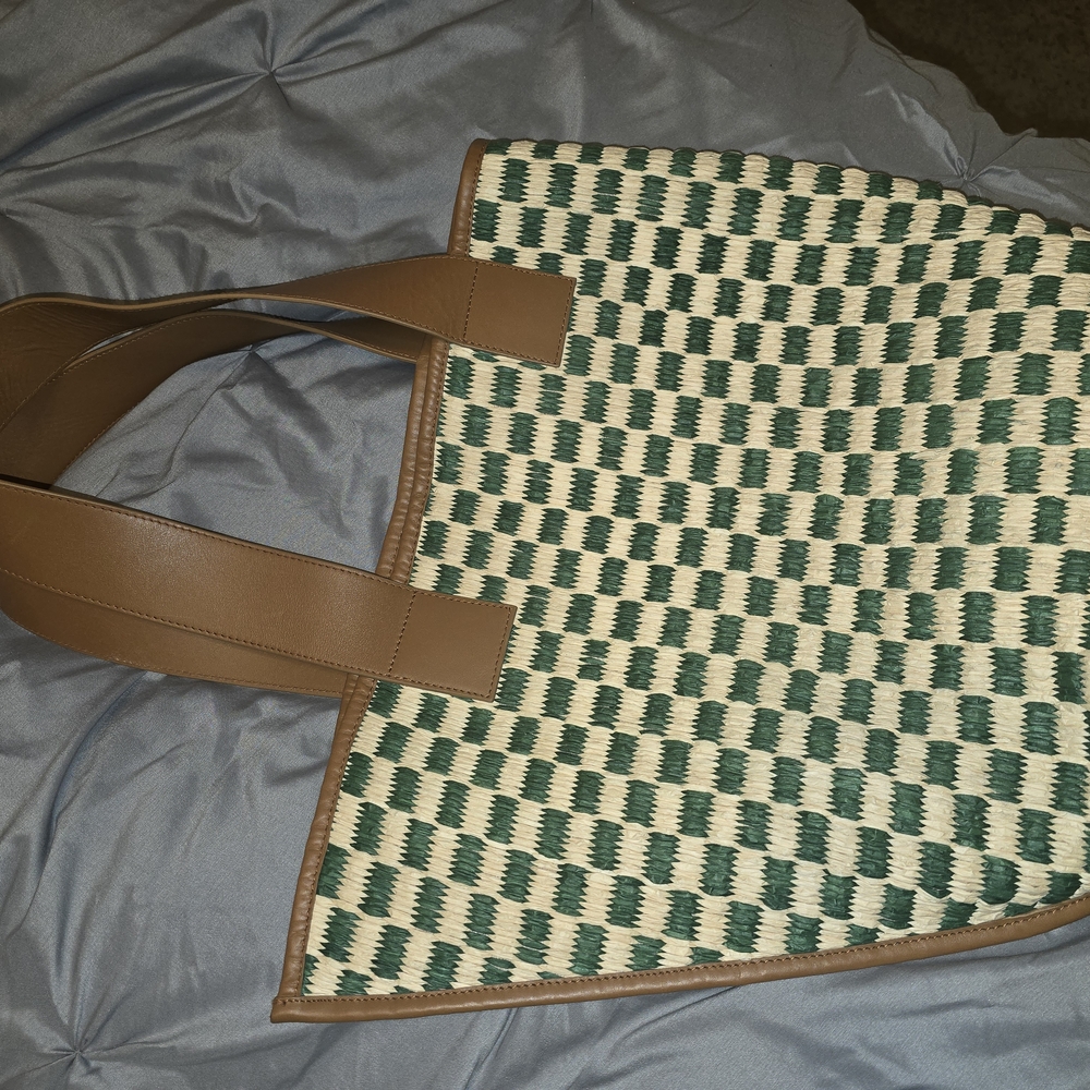 Anthropologie Green and Tan Tote with Leather Accents